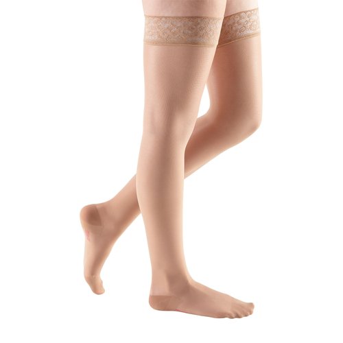 mediven Sheer & Soft for Women, 20-30 mmHg - Closed Toe Leg Circulation, Thigh High Compression Stockings with Lace Top Band, Sheer Leg Support Compression Hosiery, II, Toffee