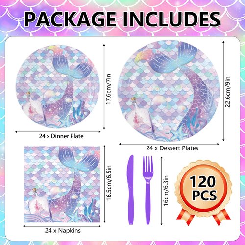 120 Pcs Mermaid Birthday Paper Plates Napkins, Mermaid Party Supplies Tableware Set for 24 Guests, Mermaid Themed Birthday Party Decorations for Kids Boys Girls Baby Shower