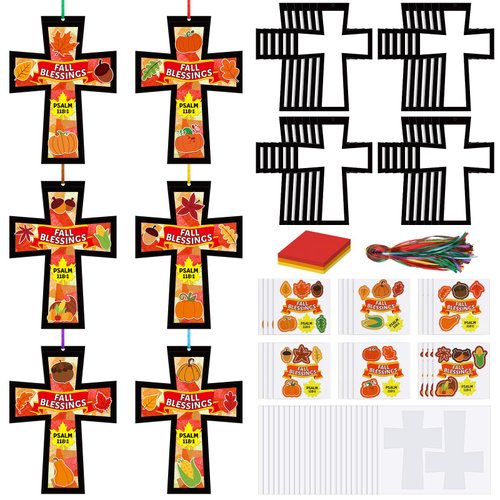 Chiisong 24 Sets Thanksgiving Day Religious Cross Craft Fall Blessing Tissue Paper Craft Kit Christian Thanksgiving Craft Cross Craft Gift Set for Sunday School Church Classroom Fall Party Supplies