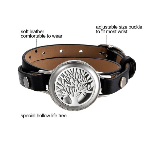 OIDEA Mens Womens Hollow Tree of Life Charm Essential Aromatherapy Oil Diffuser Locket Leather Wrap Bracelet With 8 Color Pads,Size Adjustable,Black