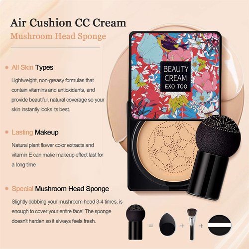 2 Pack Mushroom Head Air Cushion CC Cream Foundation,Beauty Cream EXO TOO Moisturizing BB Cream, Long Lasting Matte Concealer with 2PCS Mushroom Head Sponges (Natural)