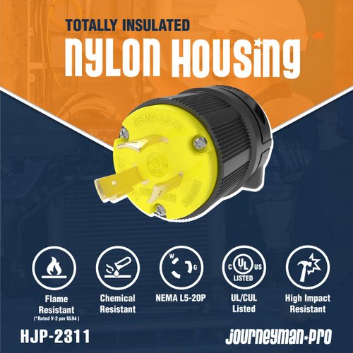 Journeyman-Pro 2311 20 Amp, 125 Volt, NEMA L5-20P, 2P, 3W, Locking Male Plug Connector, Black Industrial Grade, Grounding 2500 Watts Generator Rating (L5-20P Male Plug)