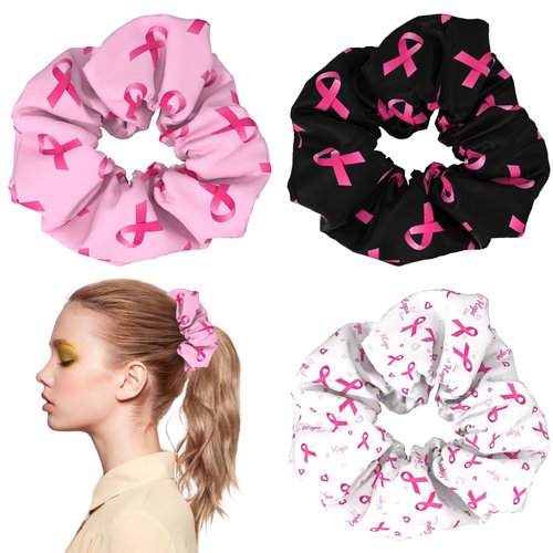Pink Ribbon Hair Ties Breast Cancer Awareness Hair Scrunchies for Women Pink White Black Ribbon B...