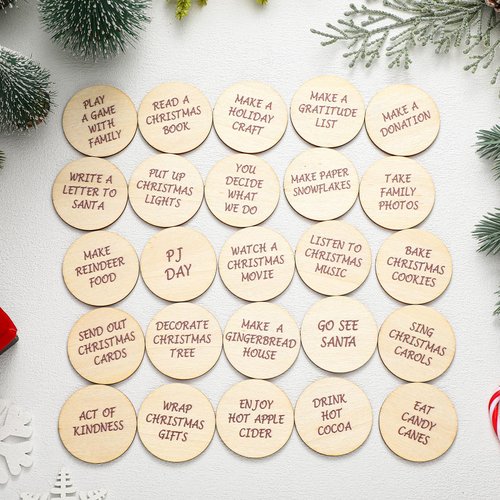 Threehoney 25 Pcs Christmas Countdown Tokens Set Advent Calendar Tokens Christmas Advent Tokens Wooden Cute Decorative Countdown to Christmas Tokens for Kids Christmas Activities Gifts (Simple)