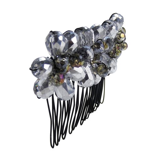 AeraVida Smokey Silver Glow Floral Crystal Bouquet Hair Comb
