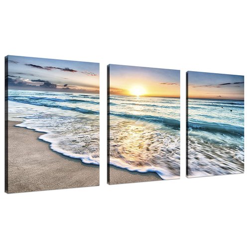 TutuBeer 3 Panel Wall Art Blue Sea Sunset White Beach Painting The Picture Print On Canvas Seascape The Pictures for Home Decor Decoration,Ready to Hang