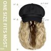 Qlenkay Newsboy Cap with Bob Hair Extensions Black Hat Wig 8 Panel Visor Beret Attached Synthetic 14'' Short Curly Wavy Hairpiece for Woman Ginger Blonde Mix Bleach Blonde