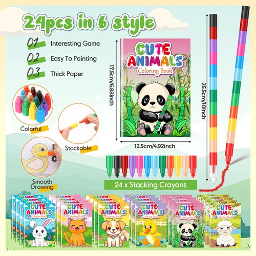 Motipuns 24 Set Christmas Classroom Gifts, 24 Cute Animals Coloring Book with 24 Stacking Crayons for Students Christmas Party Favors Stockings Pinata Filler Christmas School Goodie Bag Stuffers