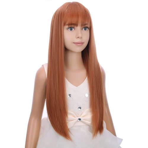 PATTNIUM Kids Auburn Wig with Bangs Child Long Straight Orange Wig Girls Ginger Long Synthetic Wig with Wig Cap