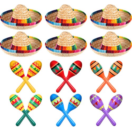 12 Pcs Colorful Wooden Maracas and 6 Pcs Mini Sombrero Hats - Mexican Fiesta Party Favors and Supplies for Carnivals