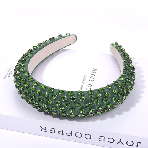 boderier St Patricks Day Headband Green Crystal Rhinestone Padded Headband Wide Bejewelled Hairband Fashion Headbands Hair Accessories (Green)
