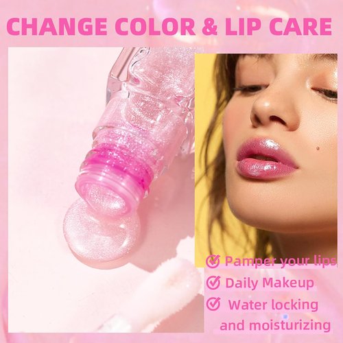 Tiejdhr Magic Color Changing Lip Oil Ph, Glitter Lip Gloss, Upgraded Big Brush Head Moisturizing Lip Oil Long Lasting Nourishing Lip Glow Oil Non-Sticky Primer Lip Tint (Pink)