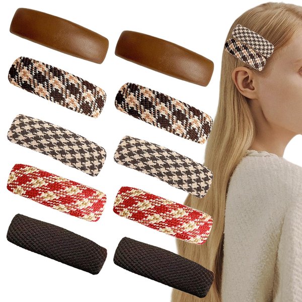 10 Pcs Square Brown Plaid Snap Hair Clips Rectangle Red Checkered Hair Barrettes Scottish Tartan Fabric Covered Snap Hair Clip for Women Girls Autumn Winter Strong Hold Grip Hair Accessories