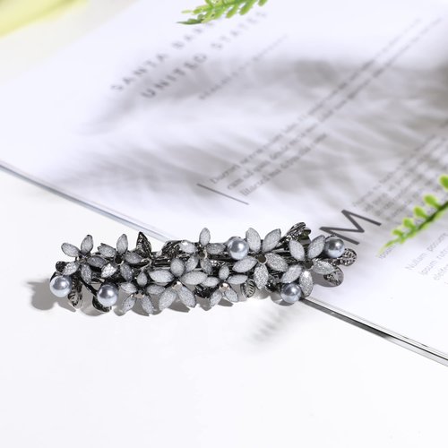 Flower Rhinestone Hair Barrettes for Women Fine Hair Glitter Sparkle Fancy Hair Clips for Women And Girls Elegant Pearl Barrettes (Light Grey)