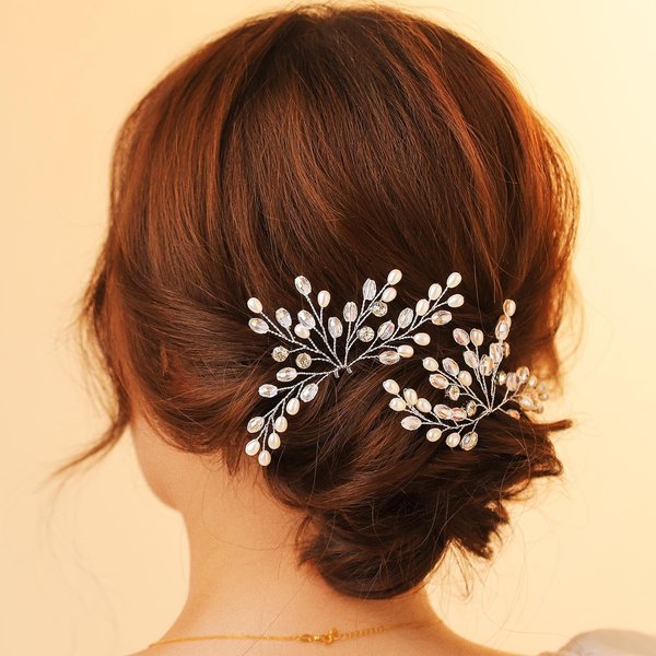 Foryysa Bridal Wedding Hair Pins for Women Silver Vine Headwear Pearl Rhinestone Leave Elegant Handmade Sparkly Bride Design (2 pcs)