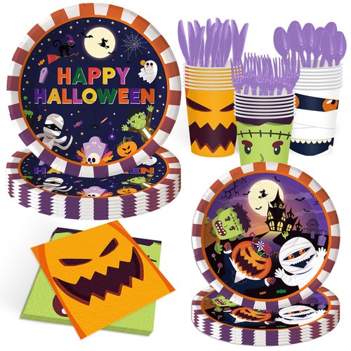 168Pcs Halloween Party Tableware Set Cartoon Pumpkin Ghost Happy Halloween Plates and Napkins Halloween Party Supplies Purple Halloween Birthday Party Decorations Dinnerware, for 24 Guest