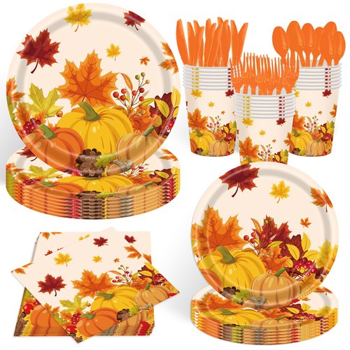 140Pcs Thanksgiving Party Decorations Tableware Set Pumpkin Plates and Napkins Fall Party Supplies Maple Leaf Plates Autumn Baby Shower Birthday Party Decorations Dinnerware,Serve for 20