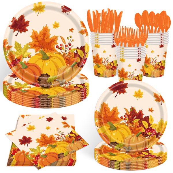 140Pcs Thanksgiving Party Decorations Tableware Set Pumpkin Plates and Napkins Fall Party Supplies Maple Leaf Plates Autumn Baby Shower Birthday Party Decorations Dinnerware,Serve for 20