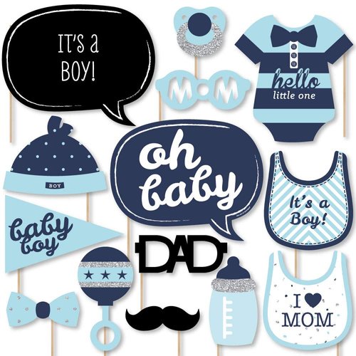 Big Dot of Happiness Hello Little One - Blue and Silver Boy Baby Shower Photo Booth Props Kit 20 Count