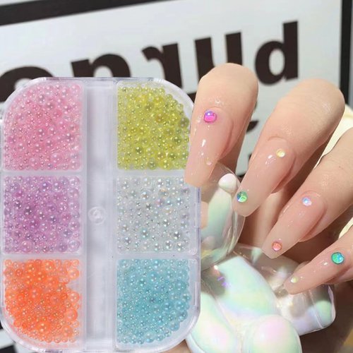 6 Grids 3D Nail Art Beads, Mermaid Bubble Glass Beads Colorful Rhinestone Beads for Nails Kit - DIY Mini Pearls Aurora Glass Gems Jewelry DIY Manicure Accessory Crafts for Women Charms Decoration