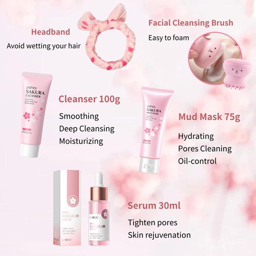 Skincare Set Women Cherry Blossom Gifts - 8 Pcs Skin Care Set Hydrating - Skin Care for Teens 10-12 Moisturizing - Travel Kit with Sleeping Face Mask,Cleanser,Face Cream,Eye Cream,Serum,Mud Mask
