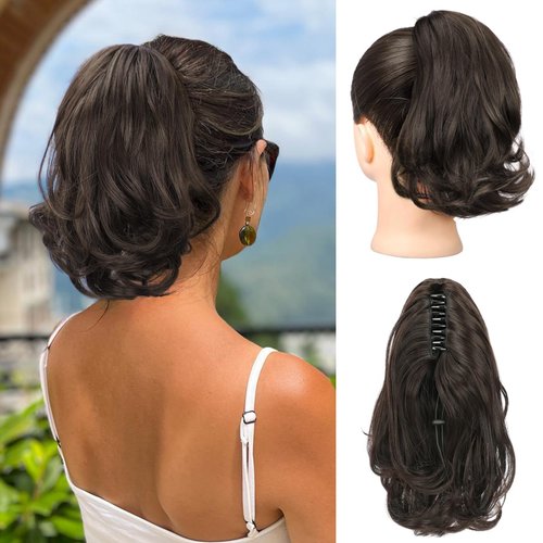 MONIXI Ponytail Extension, 10" Short Claw Clip on Pony Tails Hair Extensions for Women Synthetic Natural Curly Wavy Drawstring Fake Ponytails Hairpieces Daily Use (Dark Brown)
