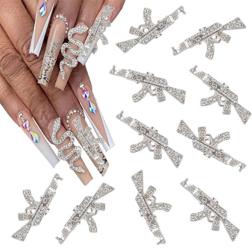 KACHIMOO Alloy Gun Nail Charms,Shiny Diamonds 3D Metal Gun Nail Art Charms Gun Charms for Nails Nail Rhinestones for Nail Art Decorations Nail Accessories,10pcs (Silver)