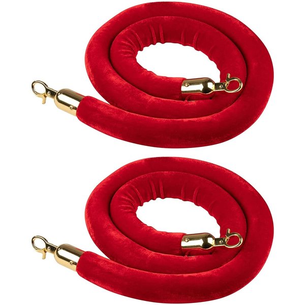 Juvale Set of 2 Red Velvet Stanchion Rope, 5-Foot Crowd Control Barriers with Polished Gold Hooks