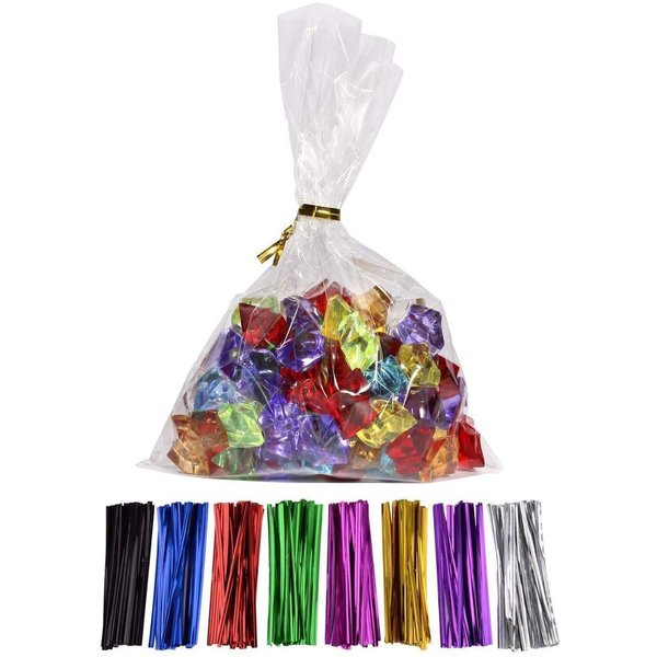 100 Pcs 10 in x 6 in(1.4mil.) Clear Flat Cello Cellophane Treat Bags Good for Bakery, Cookies, Candies,Dessert with 5 random Twist Ties!