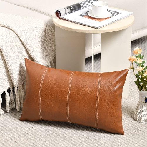 Fancy Homi 2 Packs Brown Boho Lumbar Faux Leather Decorative Throw Pillow Covers 12x20 Inch for Living Room Couch Bed Sofa, Hand Stitched Rectangle Cushion Case, Rustic Modern Farmhouse Home Decor