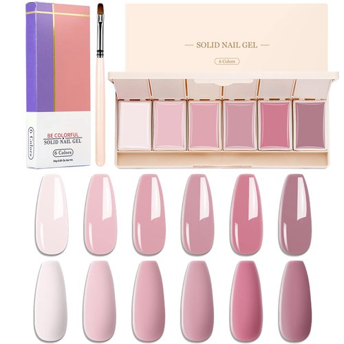 RoseFlower Solid Cream Gel Polish Set, 6 Colors Pudding Gel Nail Polish Palette with Nail Brush, Pink Solid Gel Polish UV Manicure Nail Art Kit Soak Off Portable Gift for Mom/Girls/Friend DIY Home