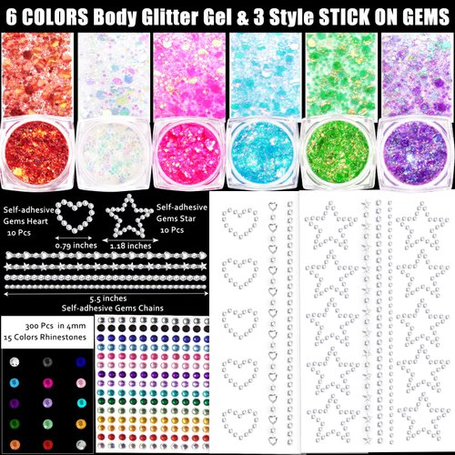 Loikmiup Body Glitter Face Glitter Gel with Face Heart Star Stickers, 6 Colors Festival Makeup Glitter Hair Glitter Gel with Self Adhesive Heart Star Gems 15 Colors Rhinestones Gmes for Hair Face Body