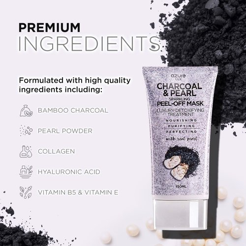AZURE Charcoal & Pearl Luxury Anti Aging Peel Off Face Mask- Moisturizing & Purifying - Removes Blackheads, Dirt & Oils - With Hyaluronic Acid & Collagen - Skin Care Made in Korea - 150mL