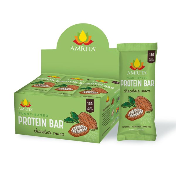 Amrita Chocolate Maca High Protein Bars - Gluten-Free Snacks - 15g of Plant Based Protein - High Fiber, Peanut & Dairy Free, Low-Sugar Meal Replacement Bar - Healthy Protein Snack - Vegan - 12 Bars