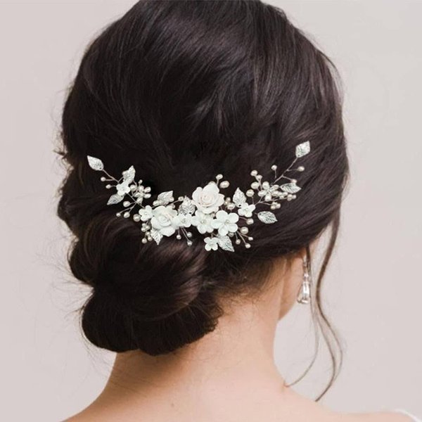 VMila Wedding Pearl Hair Comb Wedding Hair Comb Bridal Hair Accessories Pearl Flower Hair Accessories For Women Girls Wedding Hair Accessories (White pearls with flowers)