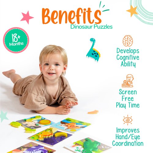 Klevly 6 PK Dinosaur Wooden Toddler Puzzles Ages 2-4 | Wooden Puzzles for Toddlers 1-3 | Montessori Toys for 2 Year Old | Learning Toys for 2+ Year Olds | Educational Toys for 2 Year Old | STEM Toy