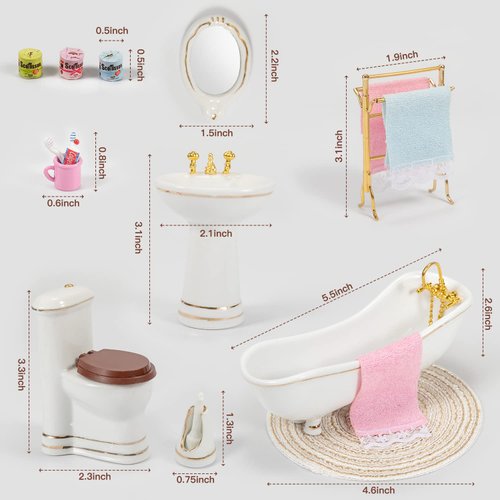 Keldoner Ceramic Dollhouse Furniture 1 12 Scale, Doll House Furniture Toys for Dollhouse Bathroom Incl Toilet Bathtub Washbasin Towel Rack and Other Miniture House Furniture and Accessories