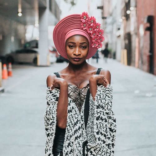 Handmade Nigerian Gele Headties Floral Hats Women Head Wrap Beaded Lace Hand Made African Headtie Hats for Party (US, Alpha, One Size, Rose red)