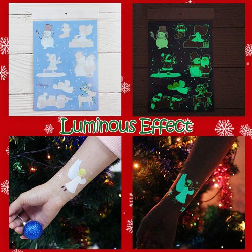 Partywind Glow Christmas Party Decorations, Luminous Christmas Temporary Tattoos for Kids Stocking Stuffers, Xmas Holiday Decorations Party Favors Supplies Games for Boys and Girls (4 Sheets)