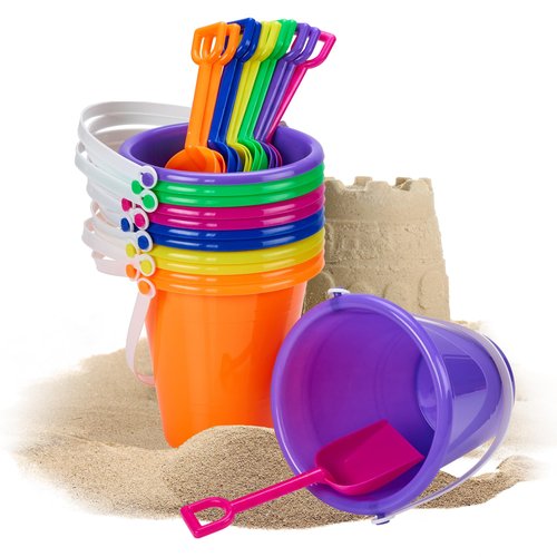 Beach Pail and Shovel Toy Set for Toddler 1-3 Includes 6.75 Inch Colorful Plastic Beach Buckets and Shovels for Sand Castle Building, Party Favors Decoration for Boys Girls Sandbox Toys (12 Pack)