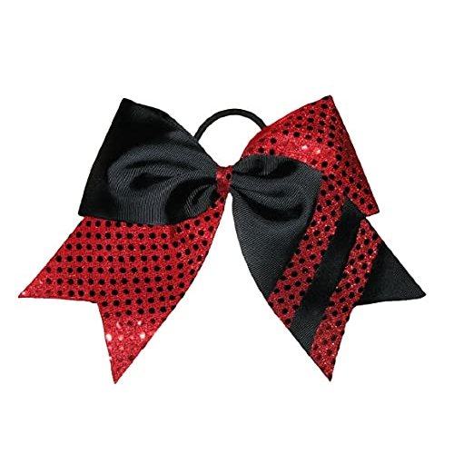 New "CONFETTI STRIPES Red Black" Cheer Bow Pony Tail 7 Inch Girls Hair Bows Cheerleading Dance Practice Football Games Competition Birthday Tick Tock Grosgrain Ribbon