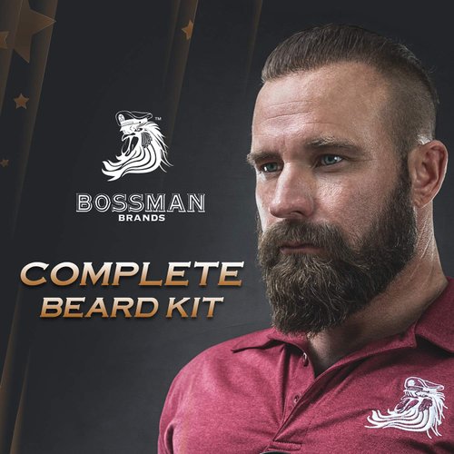 Bossman Complete Beard Kit - Men's Beard Oil Jelly, Fortify Shower Conditioner, Balm, Mustache Wax and Comb - Beard Softener, Growth, Care and Grooming Products Kit (Gold)