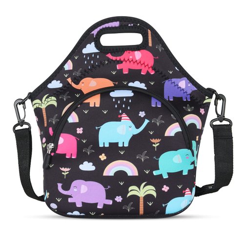 Violet Mist Neoprene Lunch Bag Reusable Insulated Cartoon Elephant Snack Bags, Unisex, 12.6"L x 11.8"H x 6.3"W, Non-Toxic, Eco-Friendly, Durable, Adjustable Shoulder Strap
