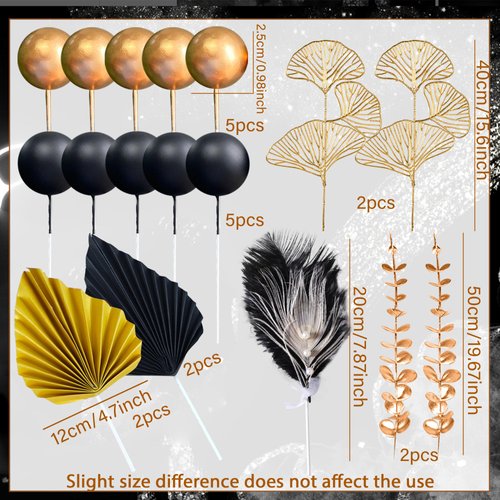 19Pcs Black Gold Balls Cake Topper Gold Leaves Cake Decoration Prom Cake Decoration Roaring 20s Cake Decoration 1920s Party Supplies New Year Eve Party Supplies