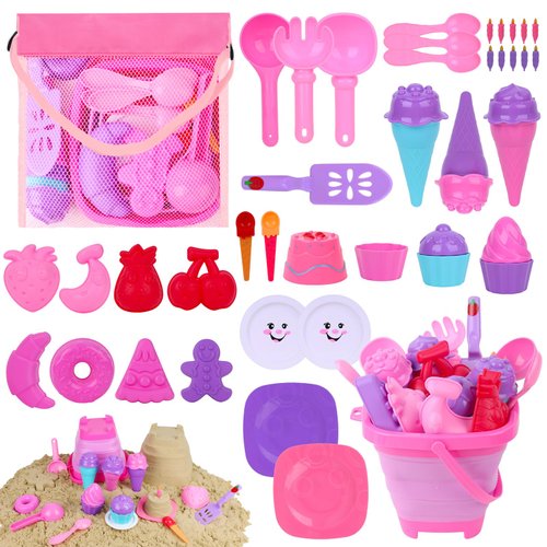 3 otters 45PCS Fruit Beach Toys Sand Toys Set, Collapsible Sand Bucket and Shovels Set with Mesh Bag Sand Molds Sandbox Toys Travel Sand Toys for Kids and Toddlers Pink