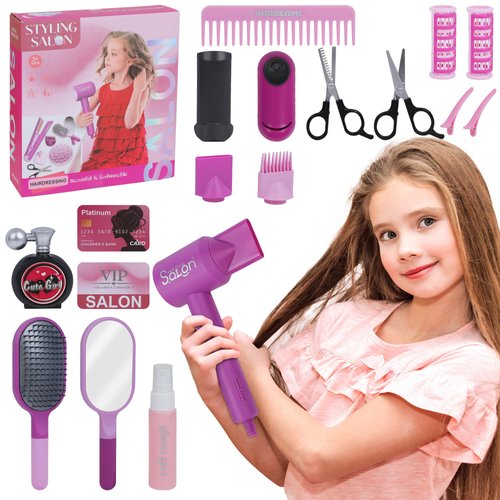 17 PCS Toddler Costume Hairdressing Toys Hair Salon Girls Toys with Hair Dryer, Scissors, Comb an...