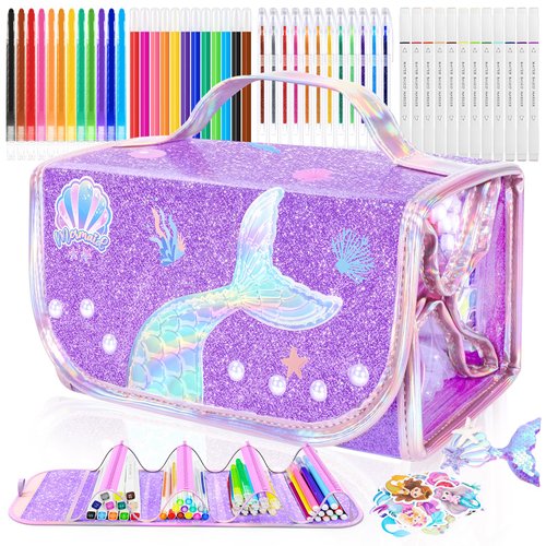 70PCS Mermaid Washable Markers Set with Glitter Pencil Case,Art Supplies for Kids Ages 4-6-8,Drawing Coloring Art Craft Kits for Girls with Marker,Glitter Pens,Crayon,Birthday Gifts Toys for Girls