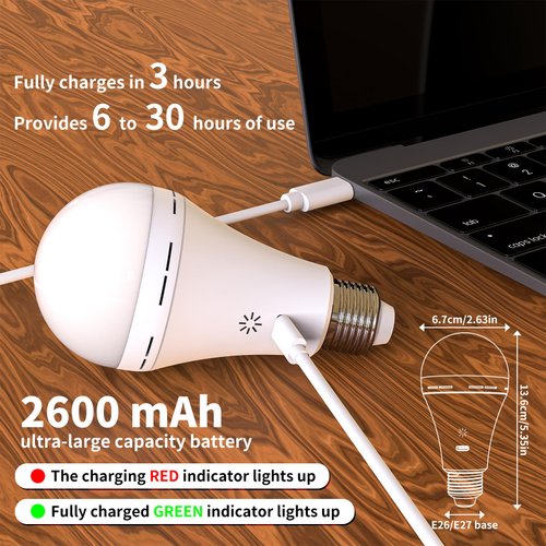 E26 Rechargeable Light Bulbs with Remote Control, 2600mAh Battery Operated Light Bulb with Hook, 3000K-6500K，40W Equivalent, 3 Timer, for Sconces Lamps Without Power, Camping, Emergency 1 Pack