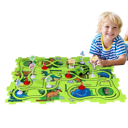 25pcs Puzzle Racer Track Car Play Set, Educational DIY Assembling Electric Trolley Games Party Favors for Kids Montessori Toy Gift, Batteries not Included (Dinosaur Series)