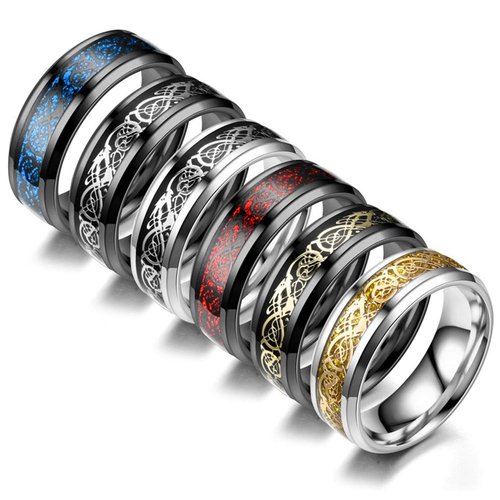 CASDAN 6Pcs 8mm Stainless Steel Rings for Men Celtic Dragon Beveled Edges Celtic Black Rings Carbide Wedding Band Ring Set, 8